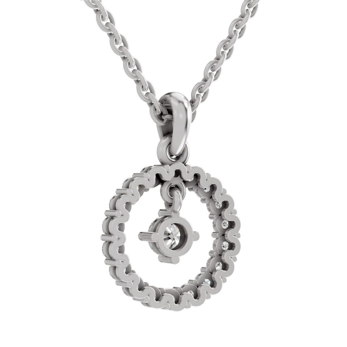 A silver necklace featuring a circular open pendant with a small anchor charm and a clear central gemstone, shown on a white background.