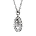 A silver-toned oval pendant necklace with clear gemstones, shown on a plain white background.