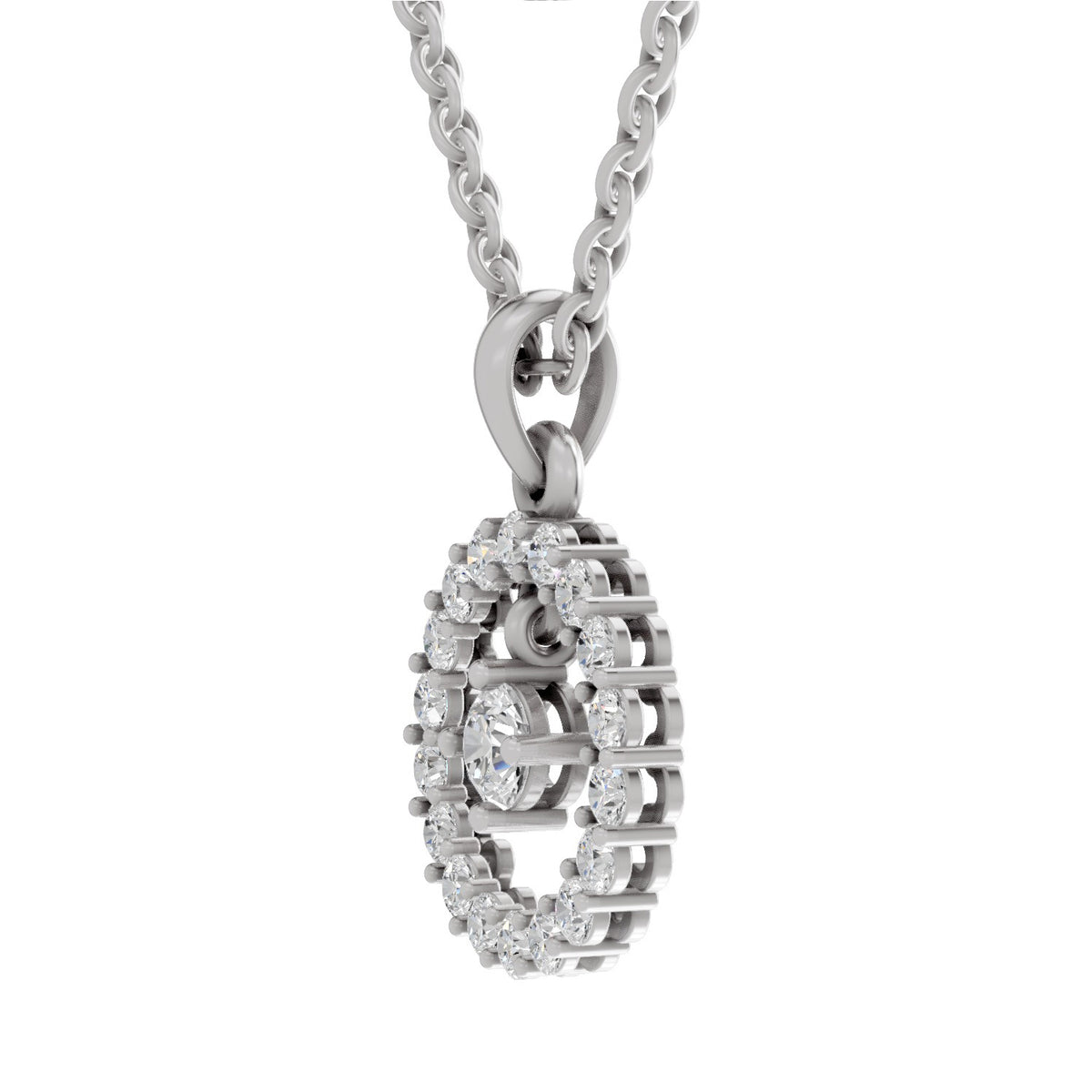 A silver-toned oval pendant necklace with clear gemstones, shown on a plain white background.