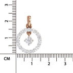 A rose gold pendant with a halo of clear stones and a central diamond, shown next to a centimeter ruler for scale on a white background.