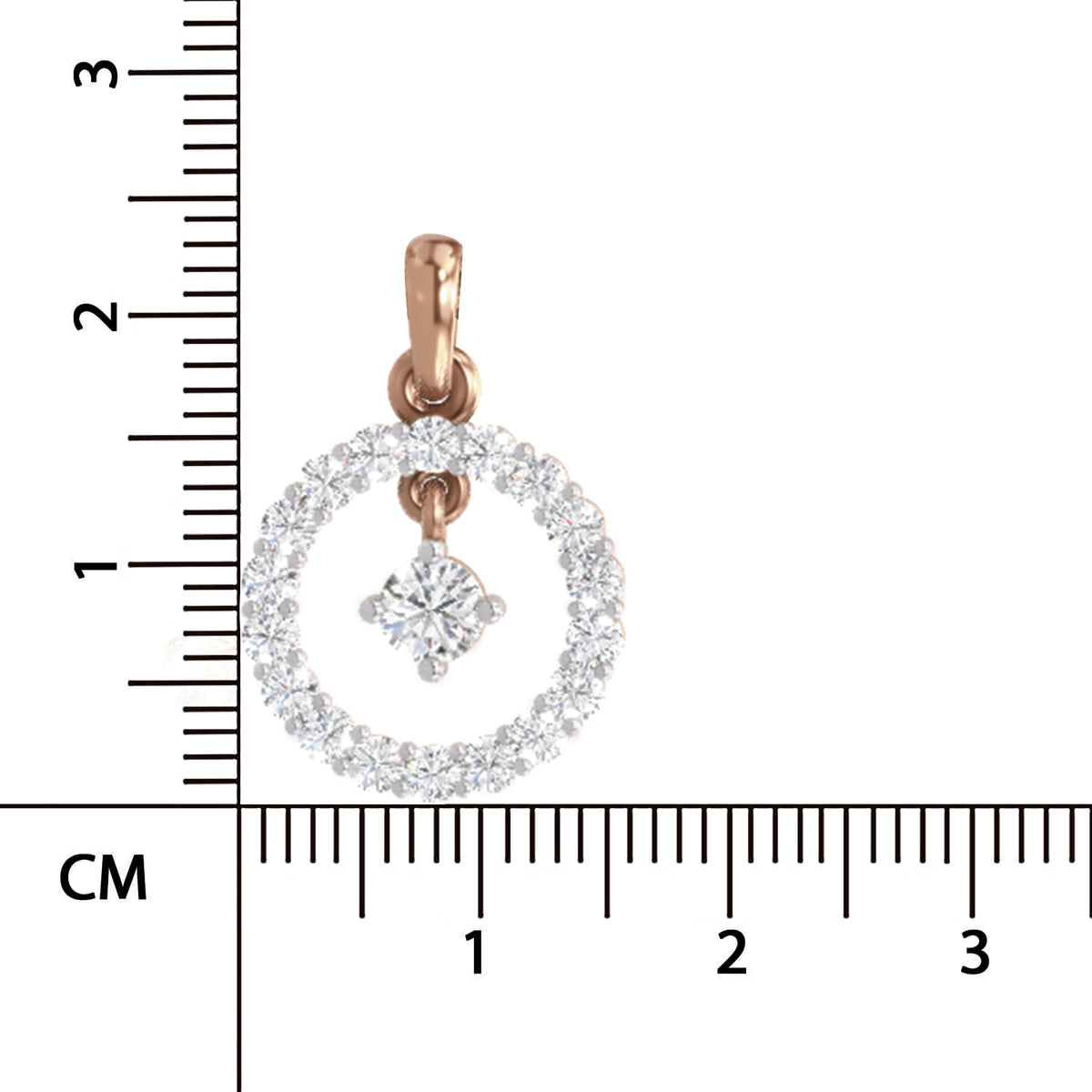 A rose gold pendant with a halo of clear stones and a central diamond, shown next to a centimeter ruler for scale on a white background.