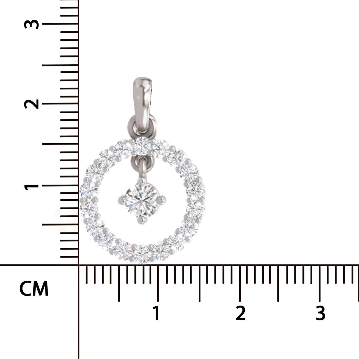 A silver pendant with a halo-style circular design and a central diamond, shown next to a centimeter ruler for scale on a white background.