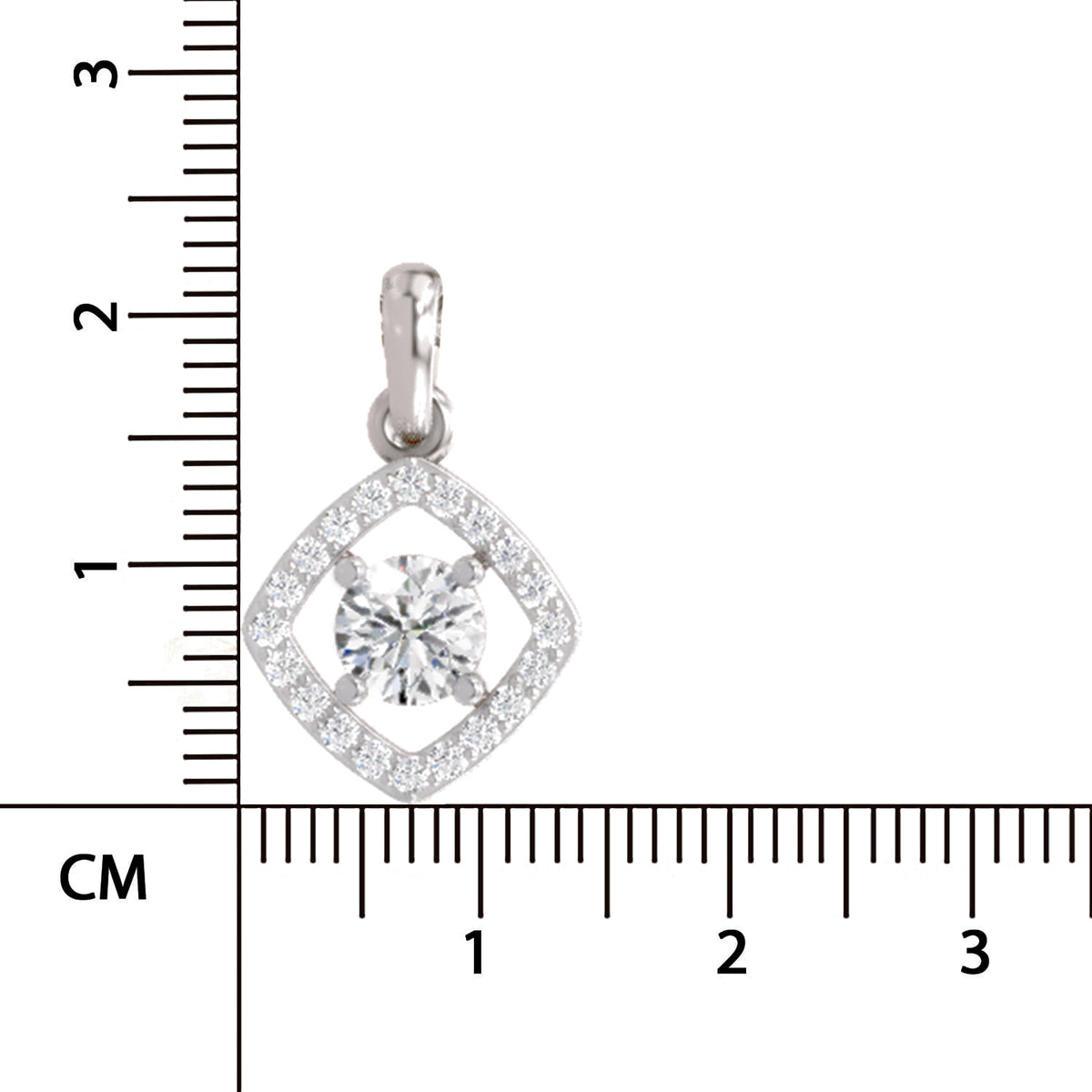 A silver diamond-shaped pendant with a central round clear gemstone and a halo of small clear stones, shown next to a centimeter ruler for scale on a white background.
