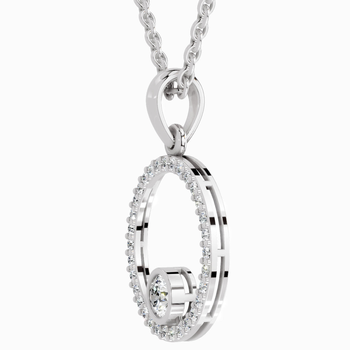Silver pendant necklace with clear gemstones on a white background