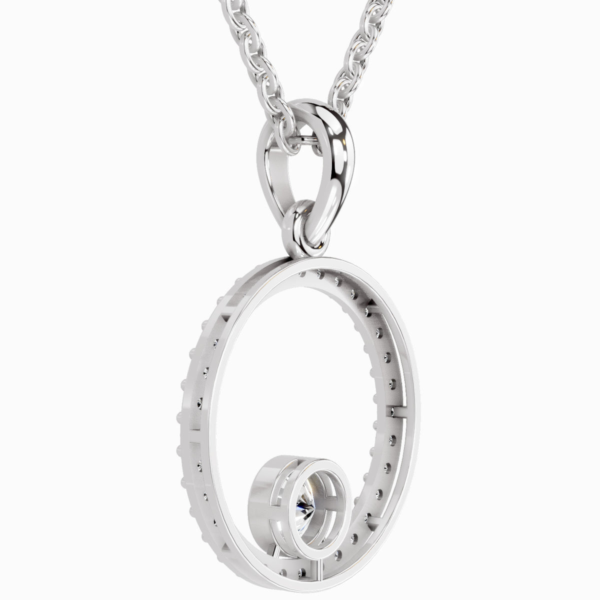 Silver circular pendant necklace on a white background