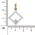 A rose gold diamond pendant with a double diamond outline and a central diamond, shown next to a centimeter ruler for scale on a white background.