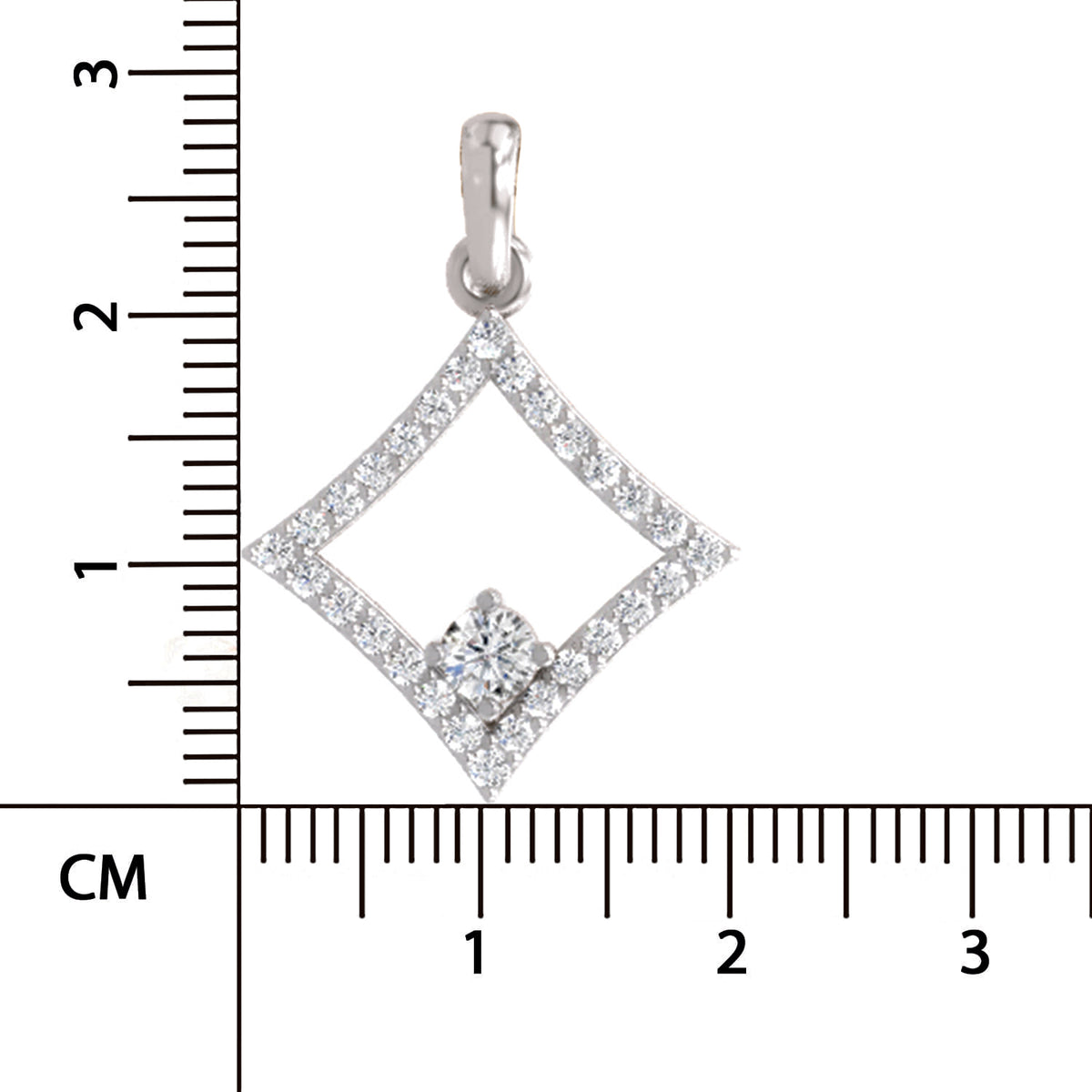 A silver diamond-shaped pendant with a central clear gemstone, shown next to a centimeter ruler for scale on a white background.