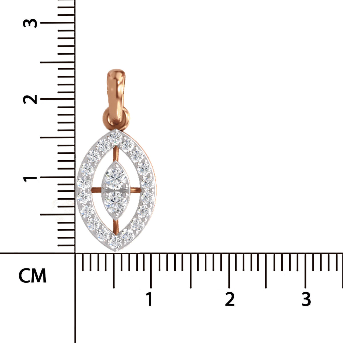 Rose gold oval pendant with a marquise-cut center stone and pavé diamond double halo, shown next to a centimeter ruler for scale on a white background.