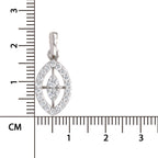 A silver pendant with a marquise-shaped diamond setting, shown next to a centimeter ruler for scale on a white background.