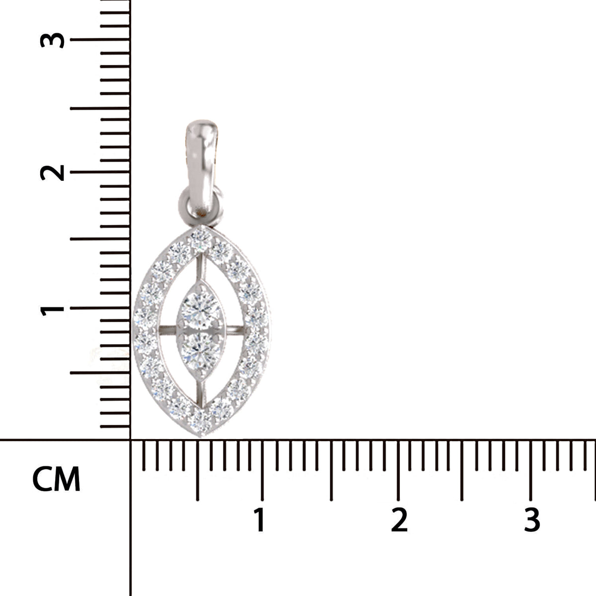 A silver pendant with a marquise-shaped diamond setting, shown next to a centimeter ruler for scale on a white background.