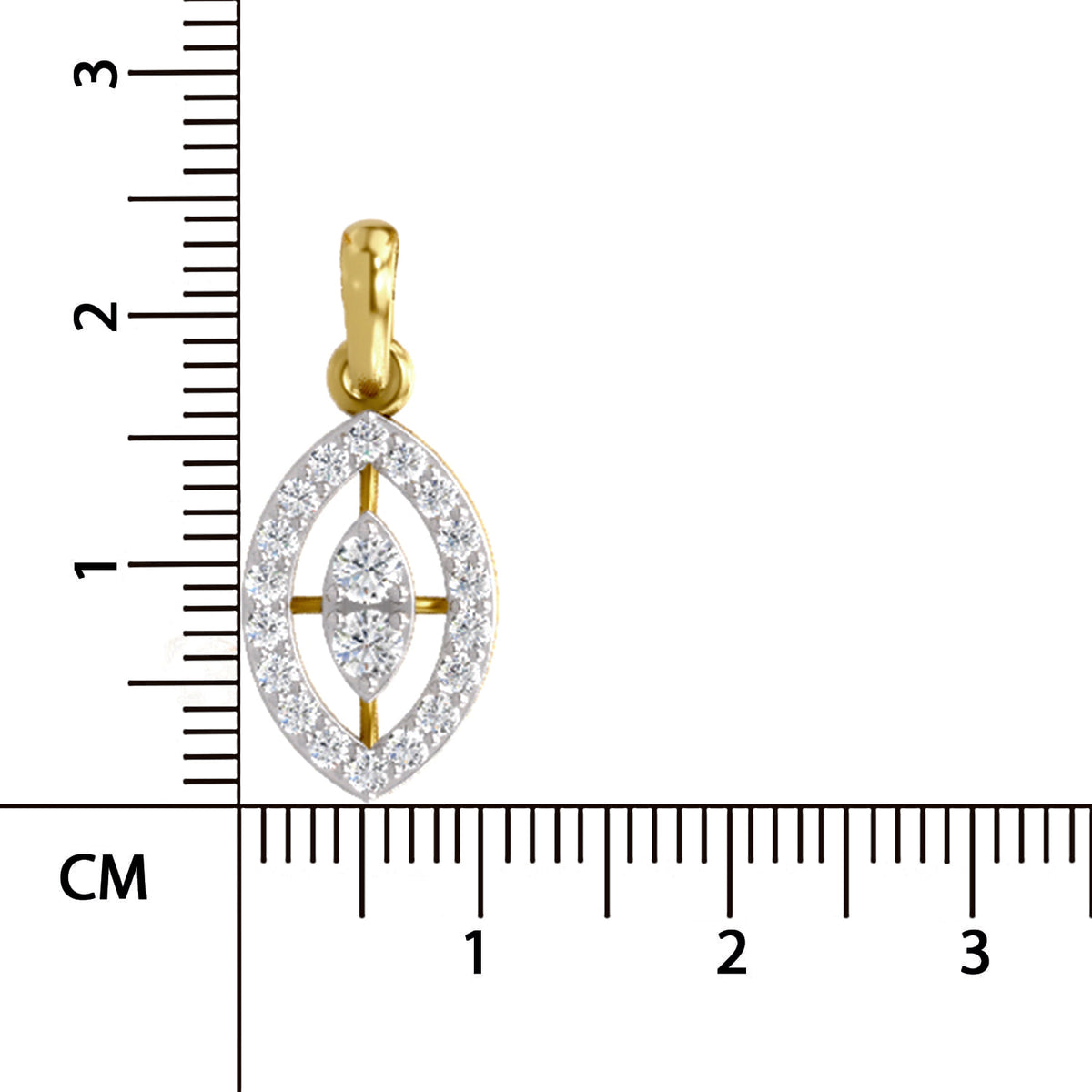 A yellow gold pendant with a marquise-cut center stone and surrounding pavé-set stones, shown next to a centimeter ruler for scale on a white background.