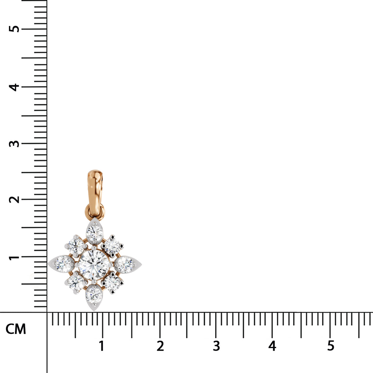 A small flower-shaped pendant with clear gemstones in a yellow gold setting, shown next to a centimeter ruler for scale on a white background.