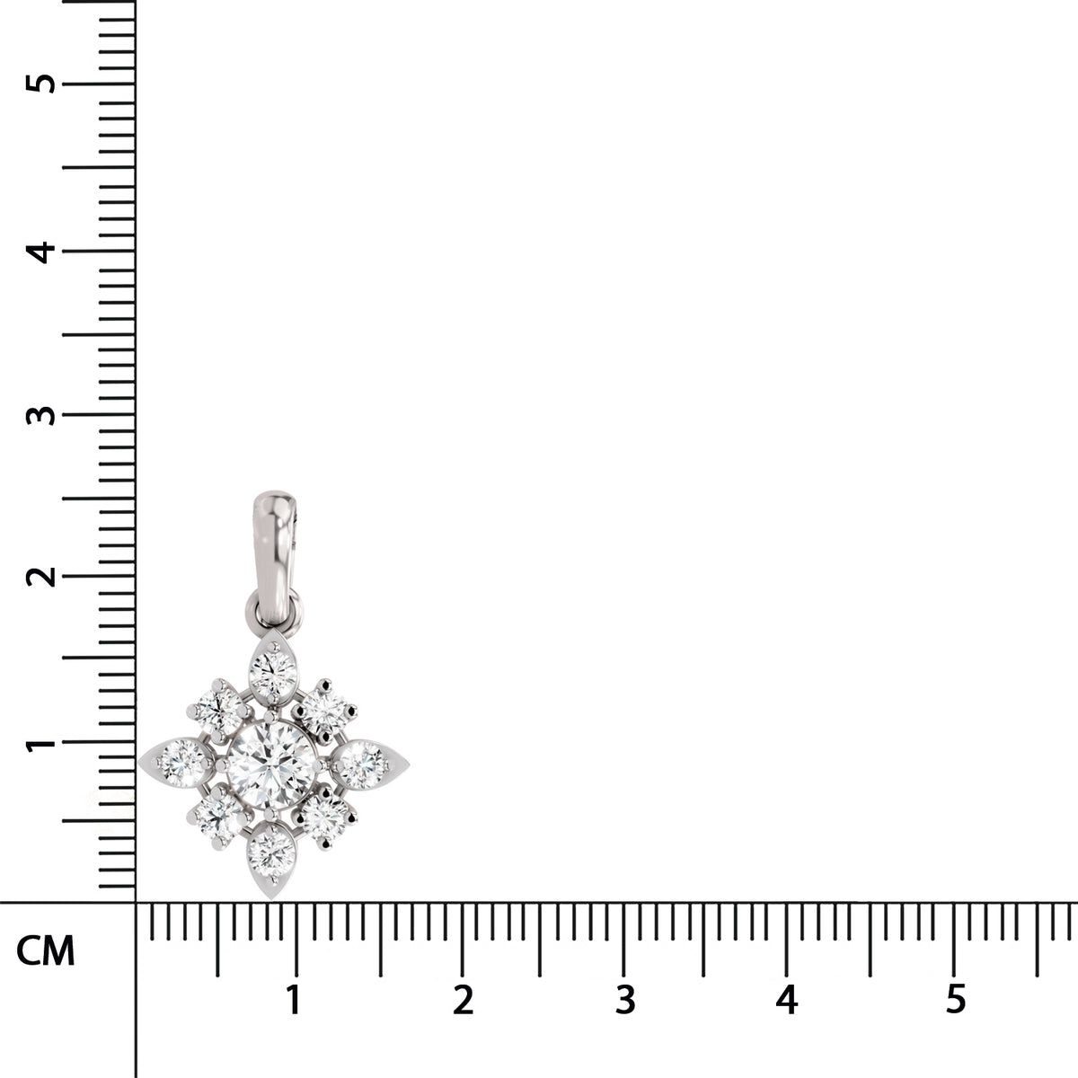 A small silver-toned floral cluster pendant with clear gemstones, shown next to a centimeter ruler for scale on a white background.
