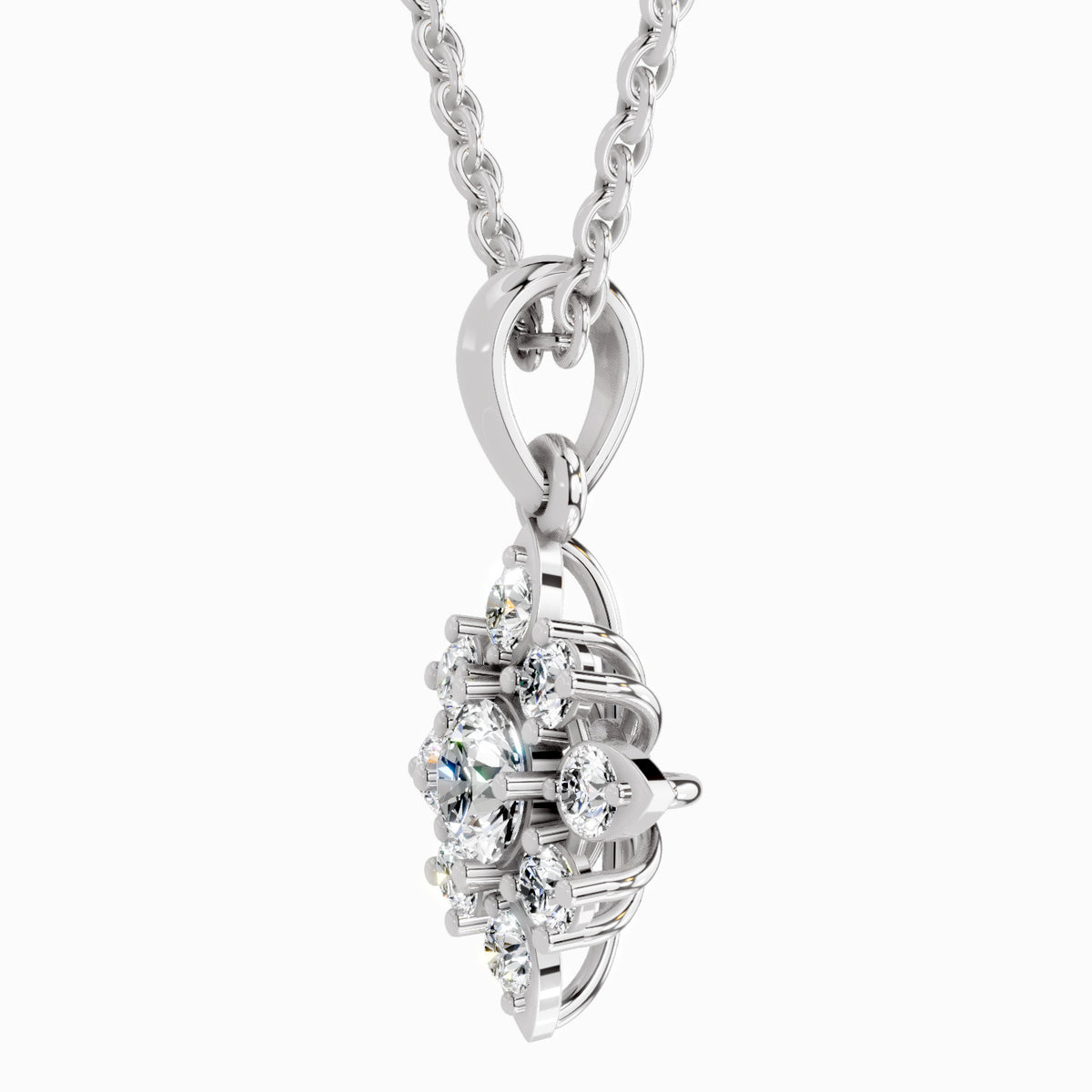 Silver heart-shaped pendant with clear stones on a white background