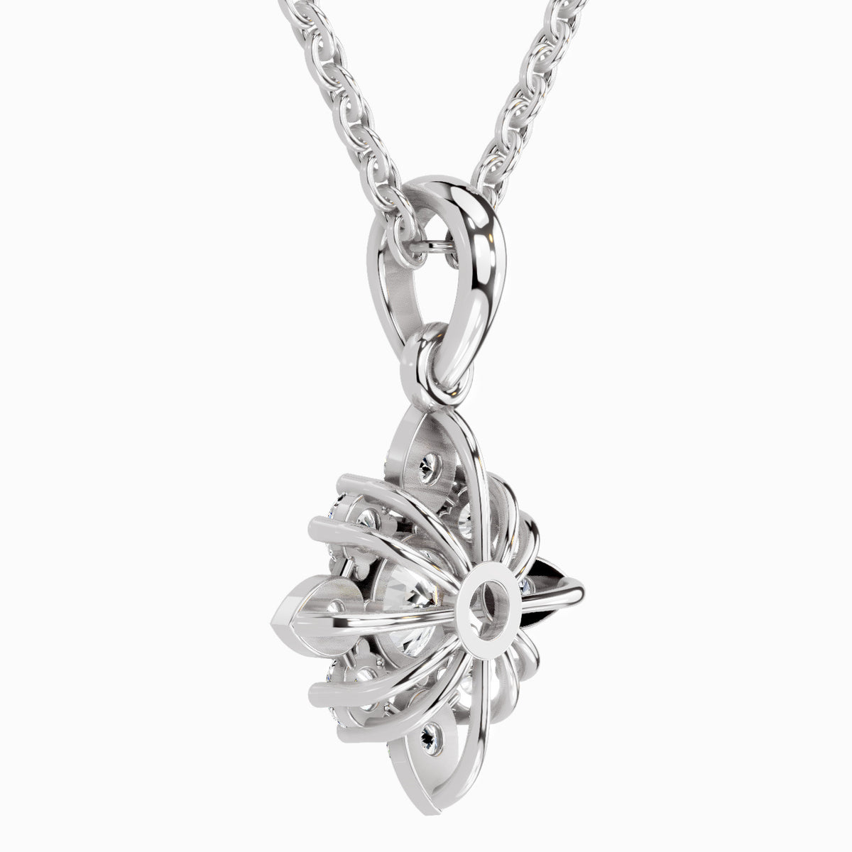 Silver necklace with a floral pendant on a white background