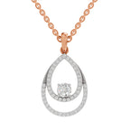 A rose gold pendant necklace featuring a double teardrop-shaped openwork design paved with small clear stones, with a central round-cut clear gemstone, shown on a white background.