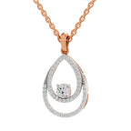 Rose gold necklace with a teardrop-shaped pendant featuring a central round-cut diamond surrounded by double teardrop outlines paved with small diamonds, shown on a white background.