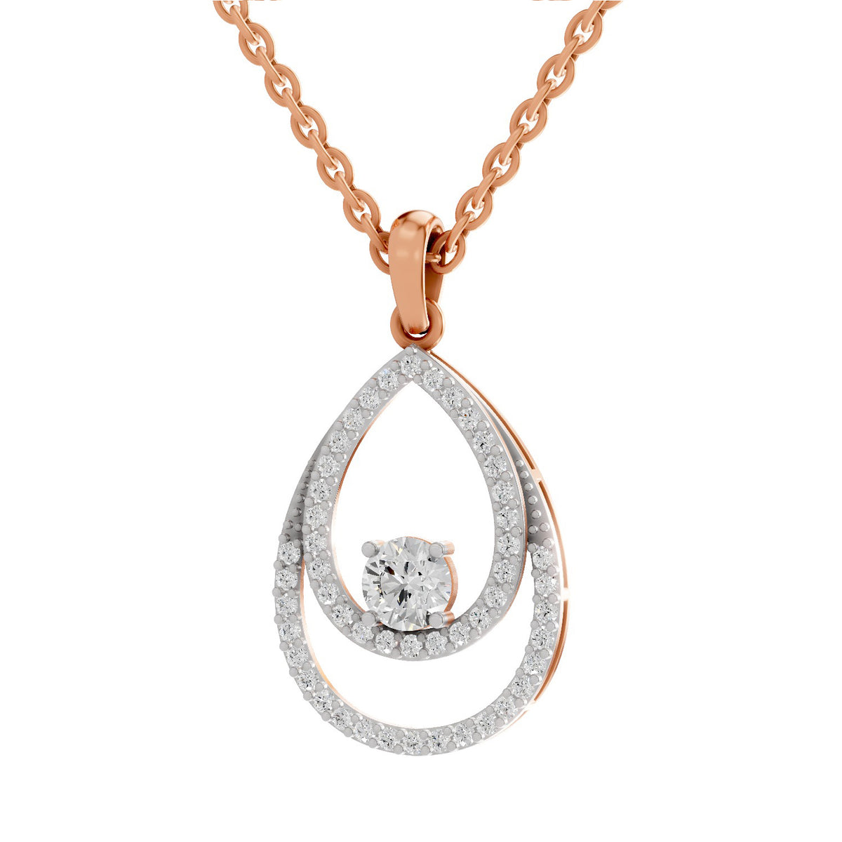 Rose gold necklace with a teardrop-shaped pendant featuring a central round-cut diamond surrounded by double teardrop outlines paved with small diamonds, shown on a white background.