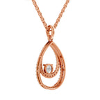 Rose gold teardrop pendant necklace with a spiral openwork design and a small round clear gemstone, shown on a white background.