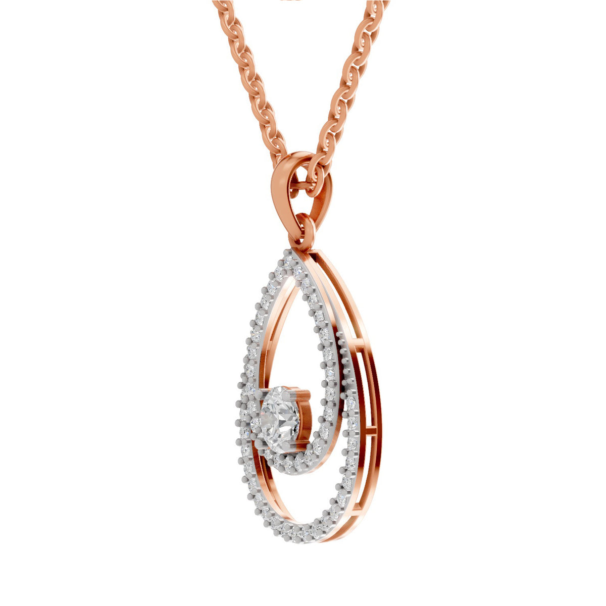 Rose gold necklace with a double-loop pendant featuring a central round-cut diamond surrounded by pavé diamonds, on a white background.
