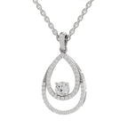 A silver teardrop pendant necklace featuring a central round-cut clear gemstone surrounded by a halo of small clear stones, suspended from a silver chain on a white background.