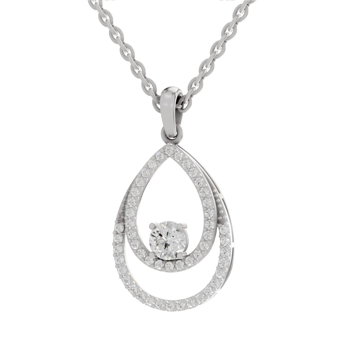 A silver teardrop pendant necklace featuring a central round-cut clear gemstone surrounded by a halo of small clear stones, suspended from a silver chain on a white background.