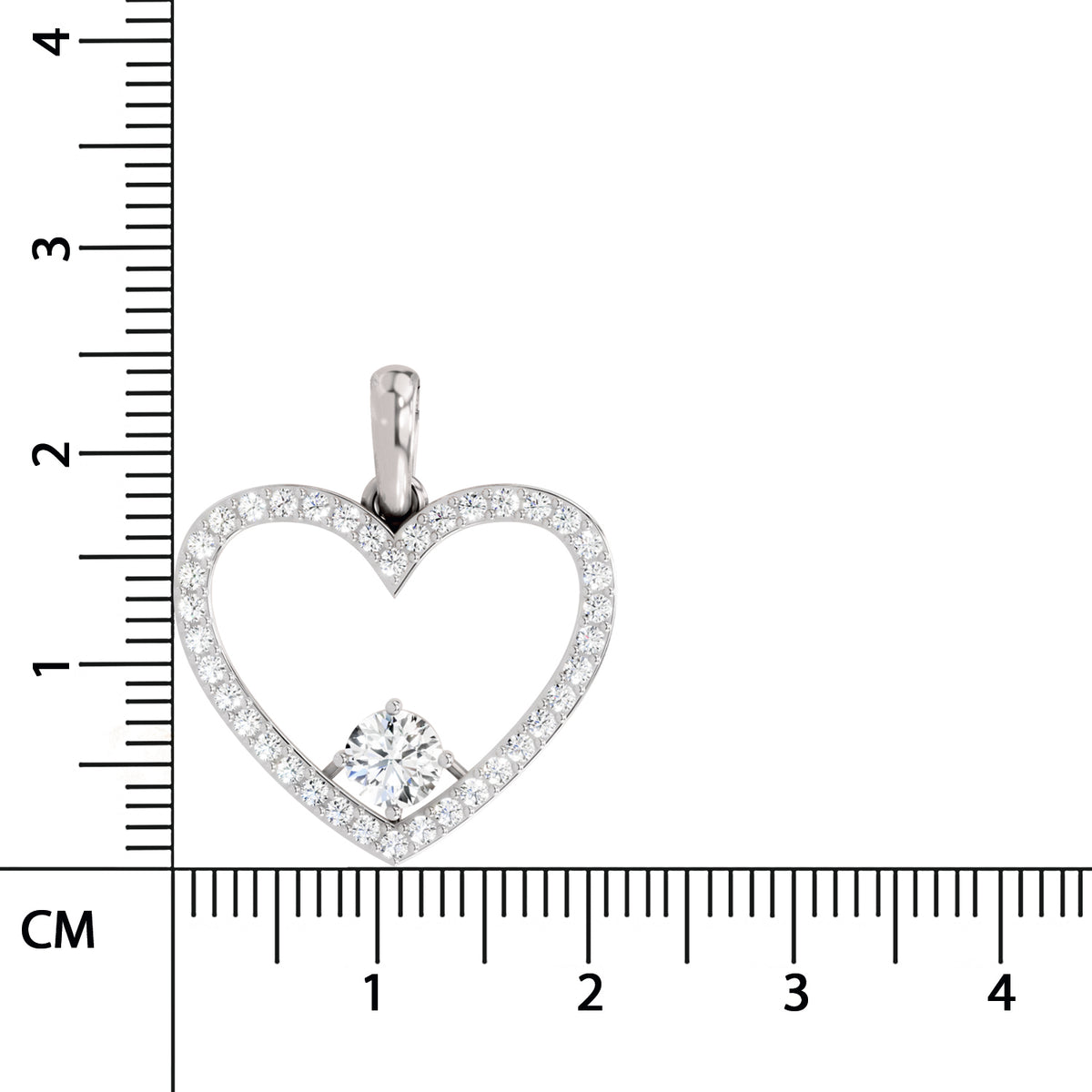 A heart-shaped pendant with a silver-toned metal border set with small clear stones and a central clear gemstone, shown against a white background with a centimeter ruler on the left and bottom for scale.