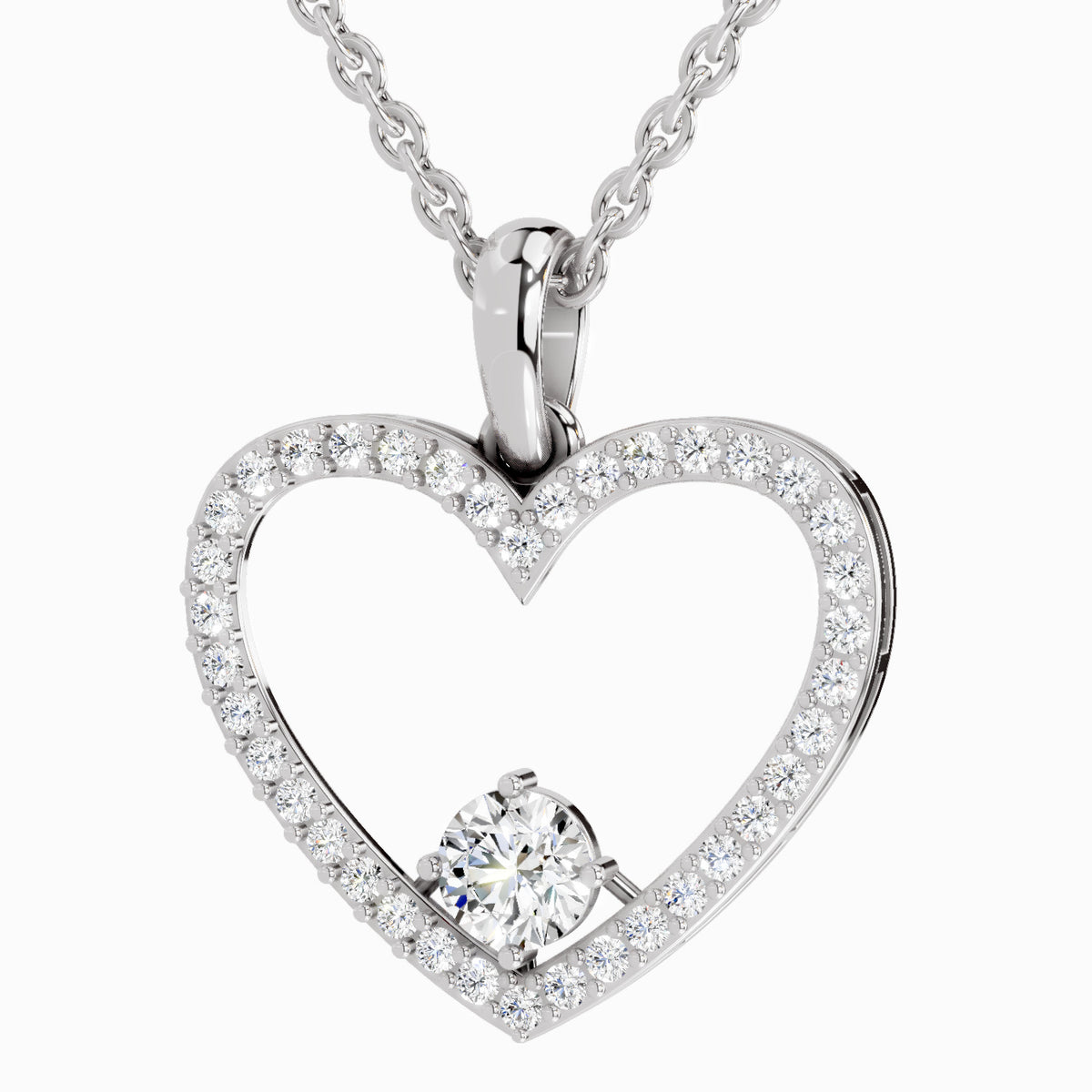 Heart-shaped diamond pendant on a white background