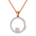 A rose gold necklace with an open circular pendant encrusted with clear stones and a small round stone at the bottom, shown on a plain white background.