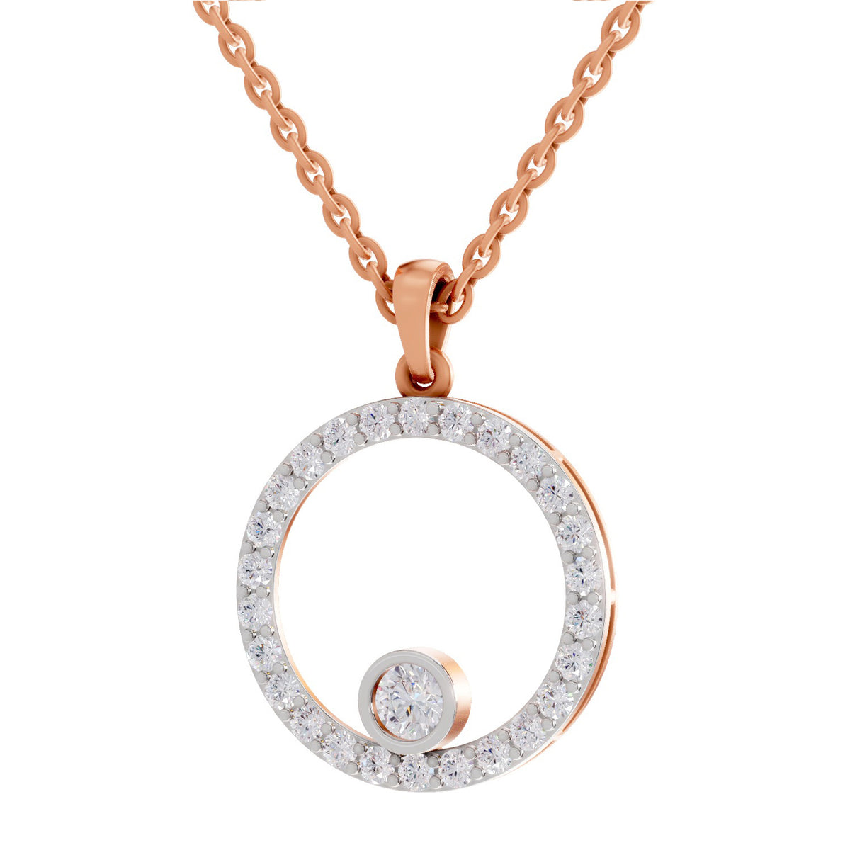 A rose gold necklace with an open circular pendant encrusted with clear stones and a small round stone at the bottom, shown on a plain white background.