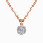 Rose gold necklace with a diamond pendant on a white background