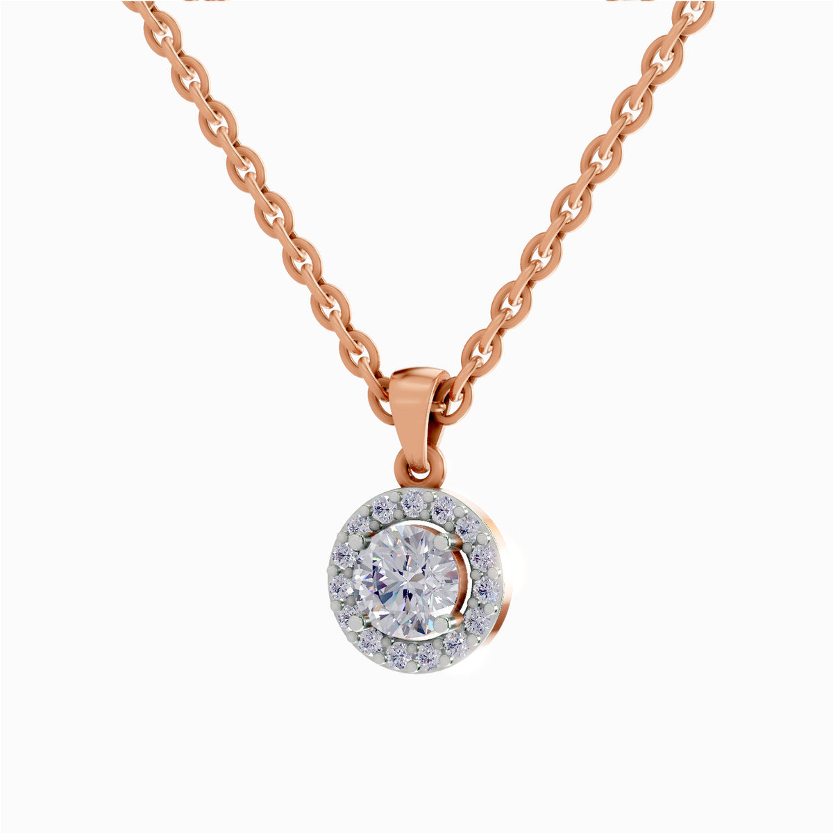A rose gold chain necklace with a round pendant featuring a halo of small clear stones around a central round-cut clear gemstone, shown on a plain white background.