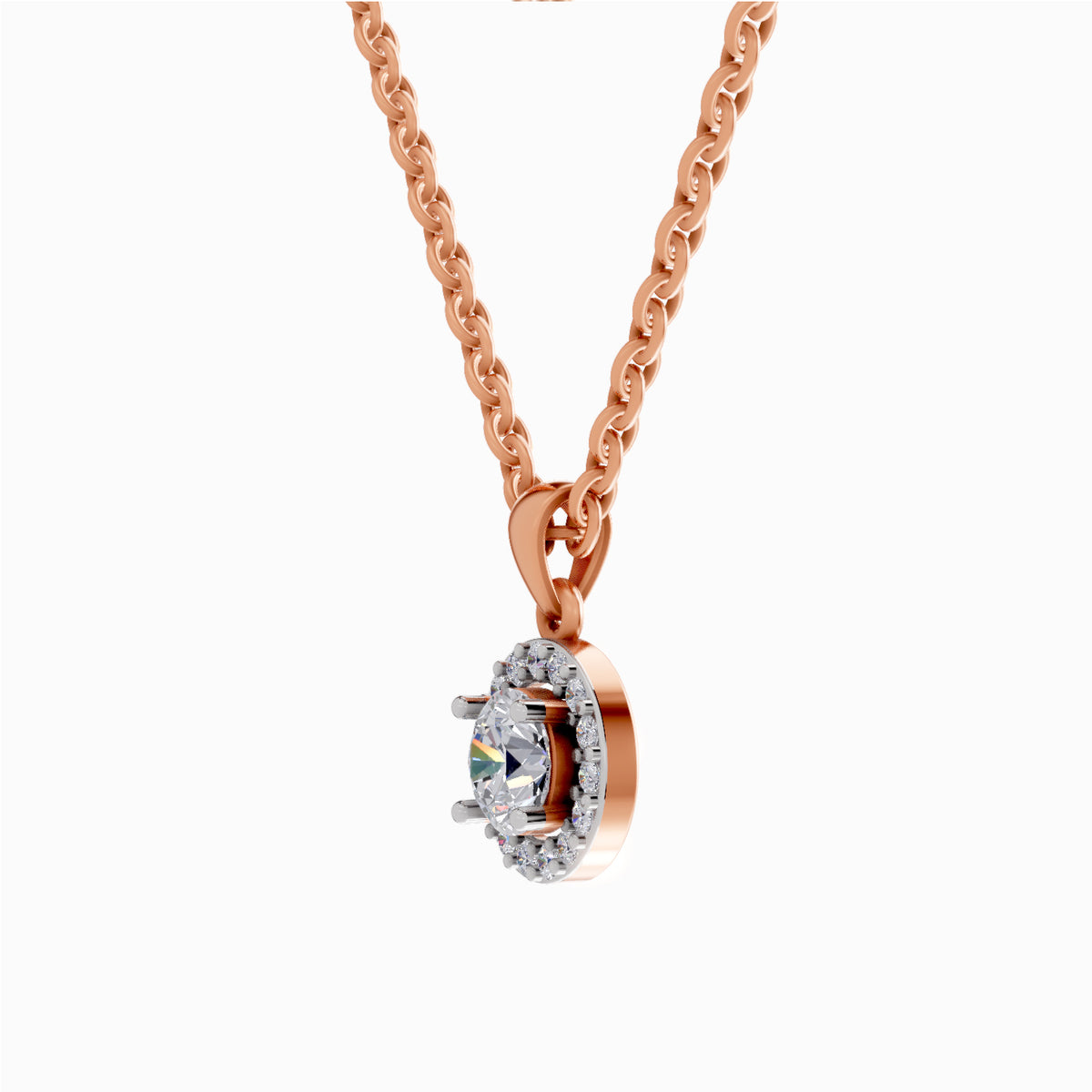 A rose gold necklace with a halo pendant featuring a central round-cut clear gemstone surrounded by small accent stones, suspended on a delicate rose gold chain against a plain white background.