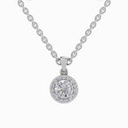Silver necklace with a round diamond pendant on a white background