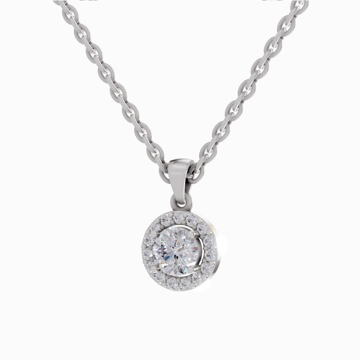 A silver chain necklace with a round pendant featuring a halo of small clear stones around a central round stone, shown on a plain white background.