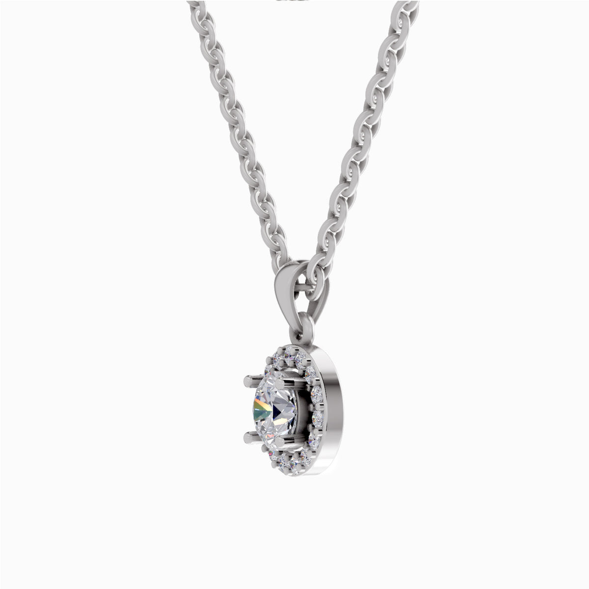 A silver-toned necklace with a curb chain and a halo pendant featuring a central iridescent gemstone, shown on a plain white background.