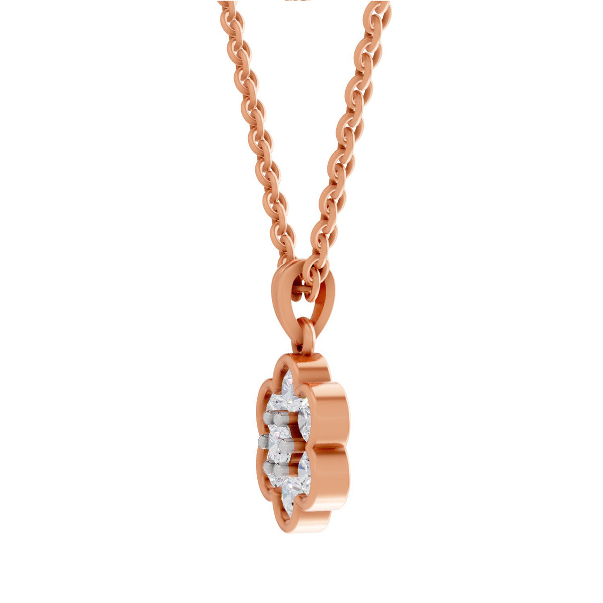 A rose gold necklace with a flower-shaped pendant set with small clear stones, shown against a plain white background.