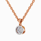 A rose gold chain necklace with a round bezel-set diamond pendant, featuring a polished silver-colored outer ring and rose gold inner bezel, shown on a clean white background.