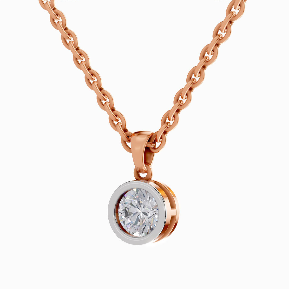 A rose gold chain necklace with a round bezel-set diamond pendant, featuring a polished silver-colored outer ring and rose gold inner bezel, shown on a clean white background.