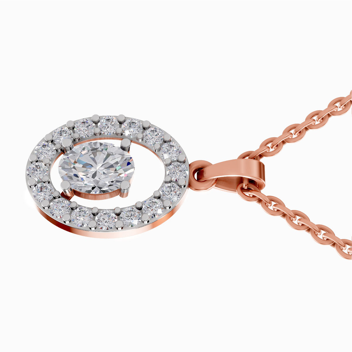 A rose gold pendant necklace featuring a double halo design with a central round-cut clear gemstone surrounded by a halo of smaller clear stones, on a clean white background.