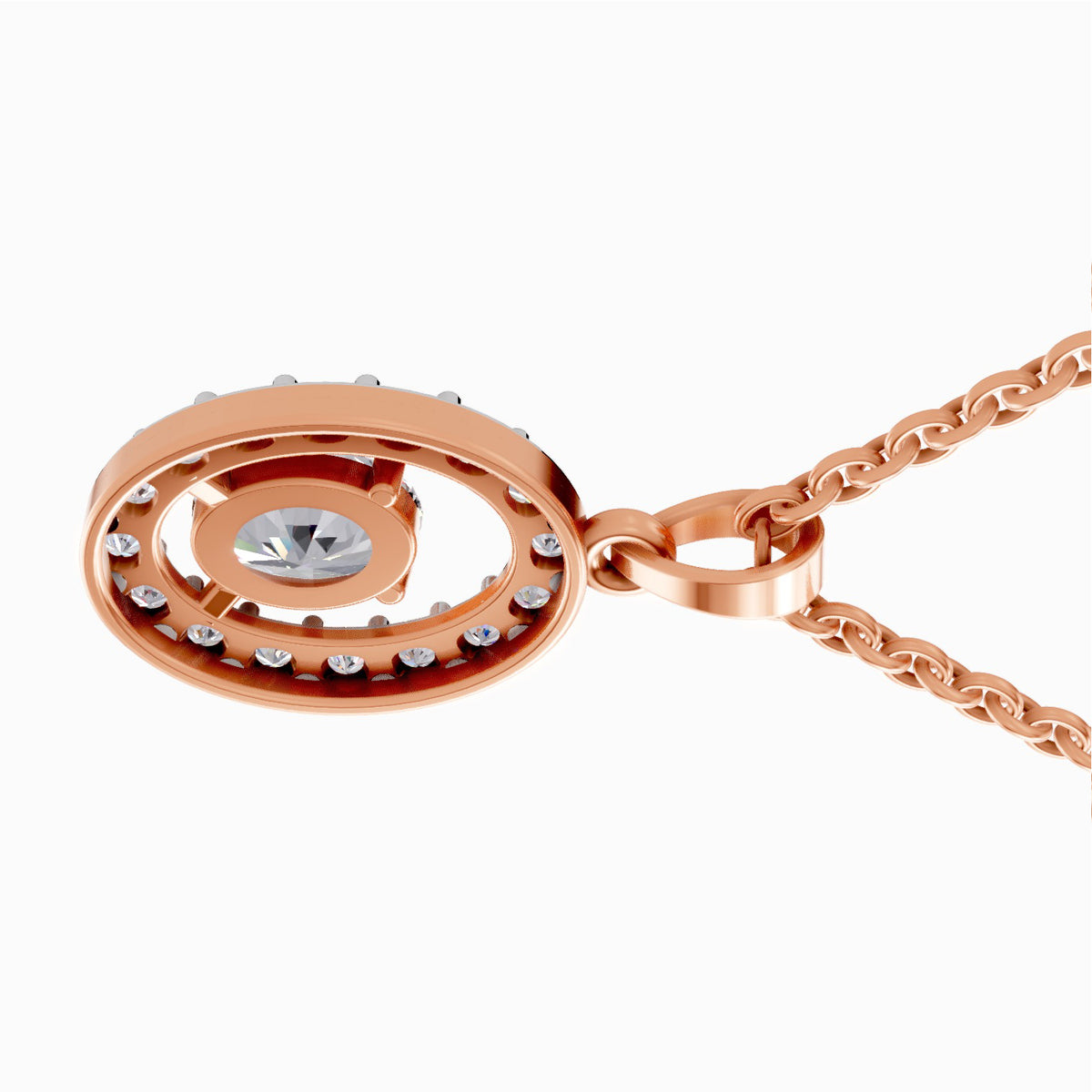 Rose gold pendant necklace featuring a double-ring design with a central clear gemstone and small accent stones, shown on a white background.