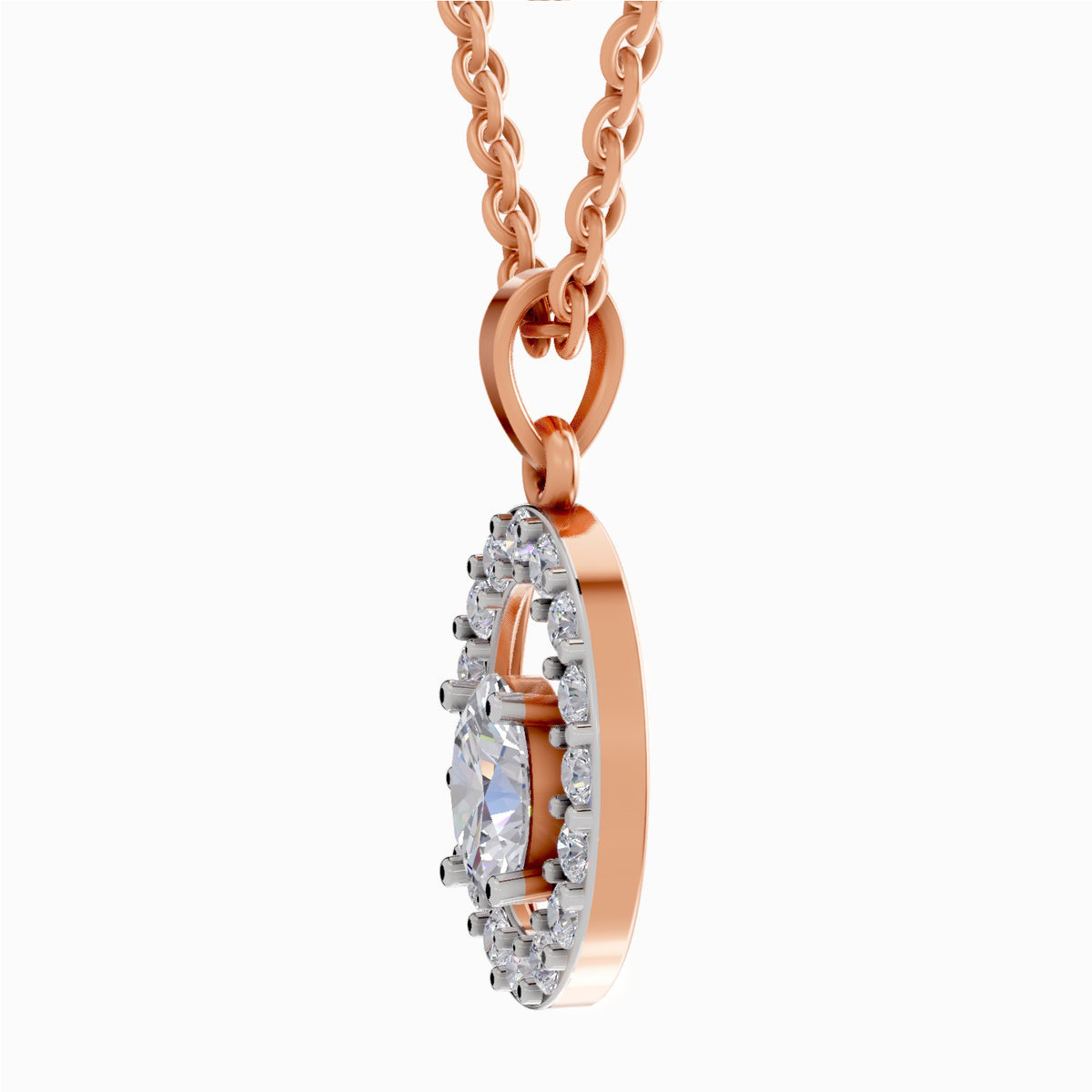 Rose gold oval pendant necklace with a halo of small clear stones and a central marquise-cut clear stone, shown on a white background.