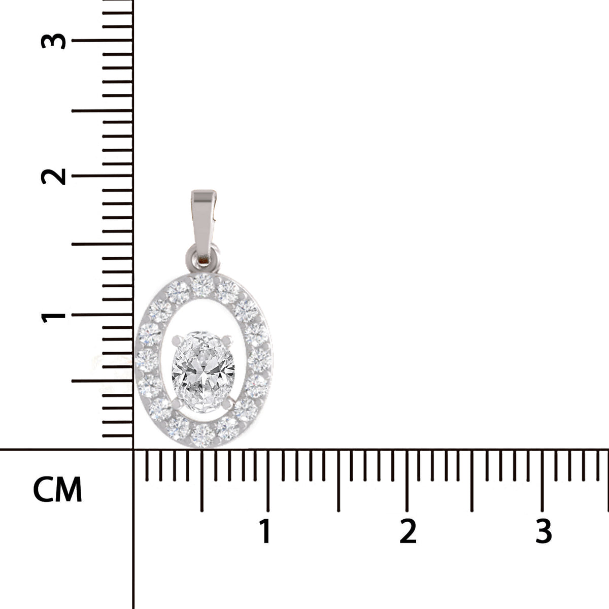 A silver oval pendant with a halo of small clear stones and a central round clear stone, shown next to a centimeter ruler for scale on a white background.