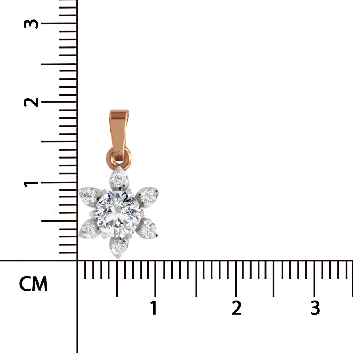 A small flower-shaped pendant in rose gold with clear gemstones, shown next to a centimeter ruler for scale on a white background.