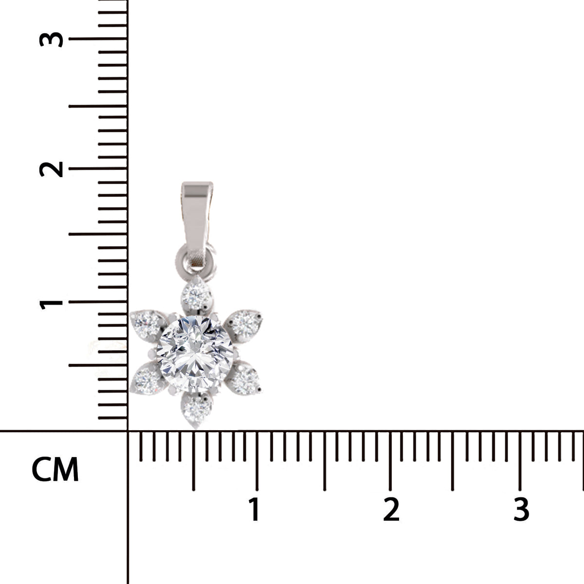 A silver flower-shaped pendant with clear gemstones, shown next to a black ruler in centimeters to indicate its small size.
