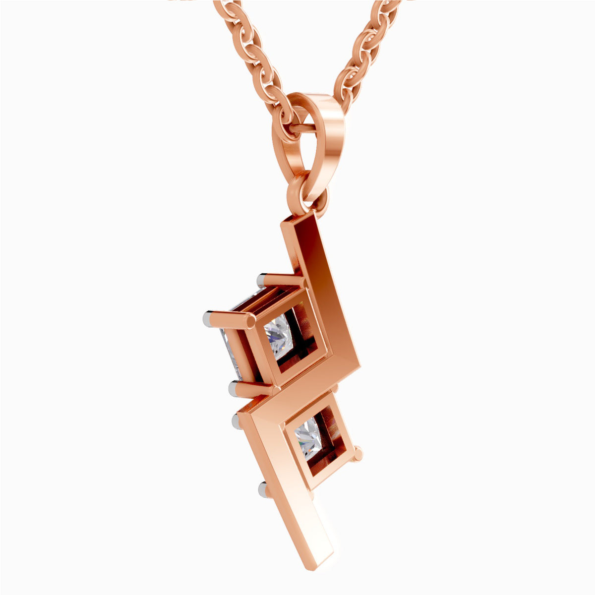 Rose gold pendant necklace featuring a geometric design with two inset square clear gemstones, suspended from a matching rose gold chain against a plain white background.