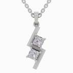 A silver lightning-bolt pendant necklace featuring two princess-cut clear gemstones, shown on a clean white background.