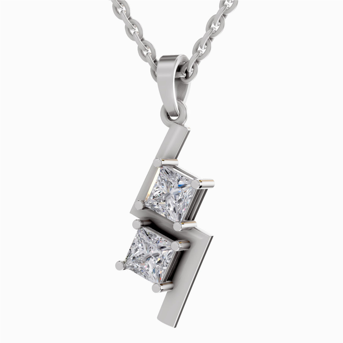 A silver pendant necklace featuring two princess-cut clear gemstones set in a geometric, stepped silver frame, suspended from a silver chain against a plain white background.