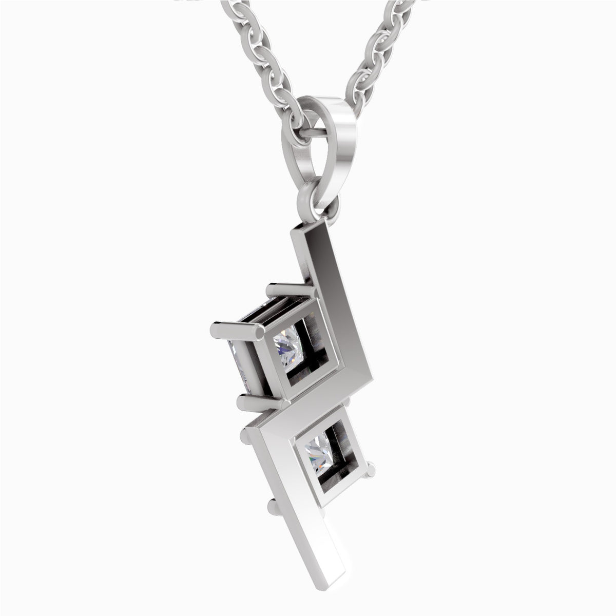 A silver geometric pendant necklace featuring two square-cut clear gemstones set in a modern, angular silver design, suspended from a silver link chain against a plain white background.
