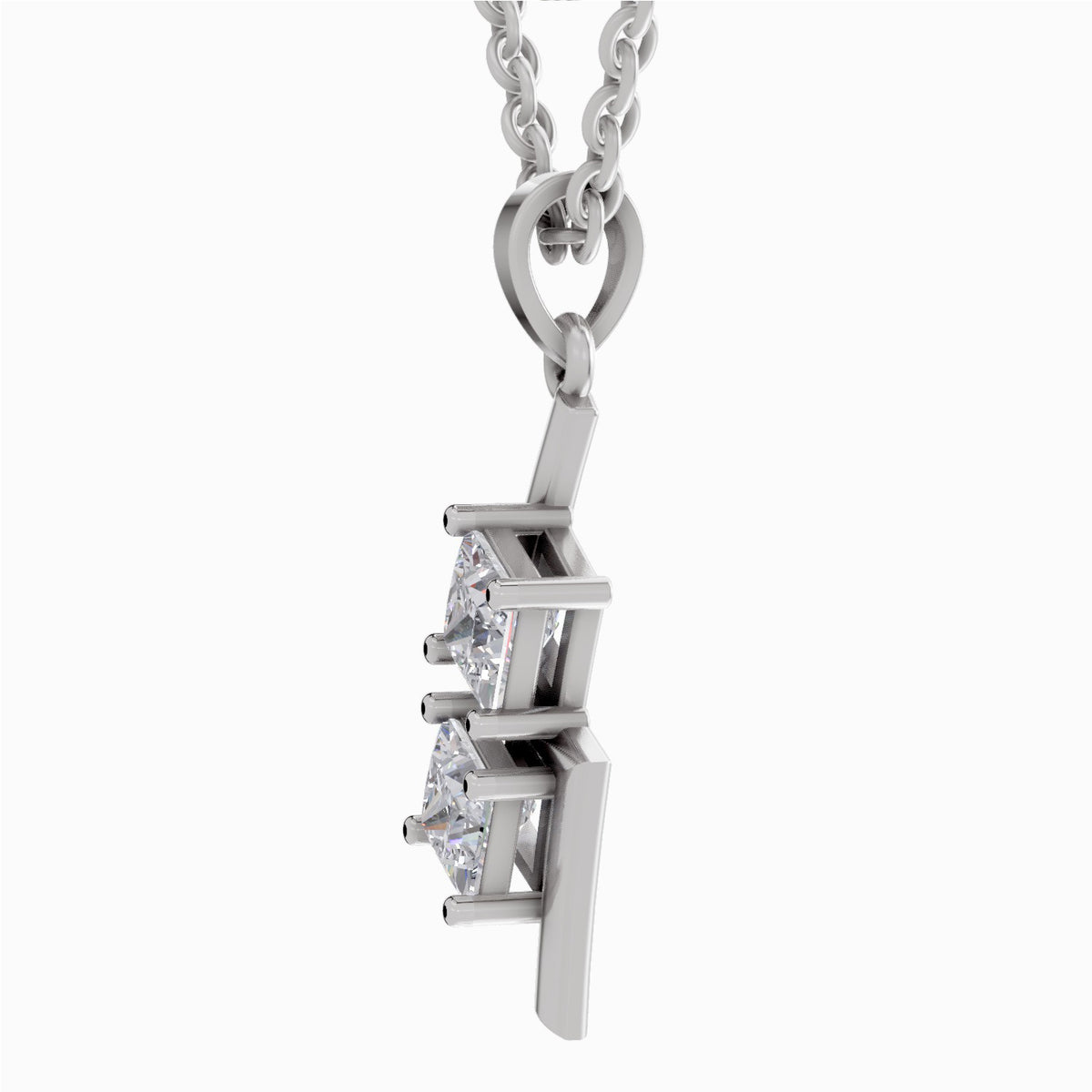A silver pendant necklace featuring three clear marquise-cut gemstones set in a geometric silver frame, suspended from a silver link chain against a plain white background.